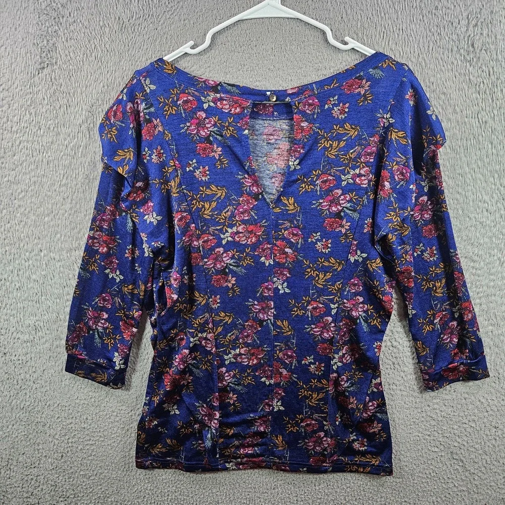 Free People‎ Top Women Medium Floral Print Ruffle Stretch Cut Back Red Blue